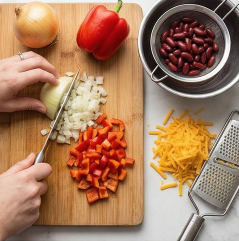 비프 부리또 조리 단계 1 이미지 - 양파와 파프리카는 잘게 다지고, 강낭콩 통조림은 체에 밭쳐 물기를 뺍니다
