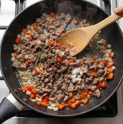 비프 부리또 조리 단계 2 이미지 - 달군 팬에 올리브유를 두르고 다진 양파와 파프리카를 2분간 볶다가, 소고