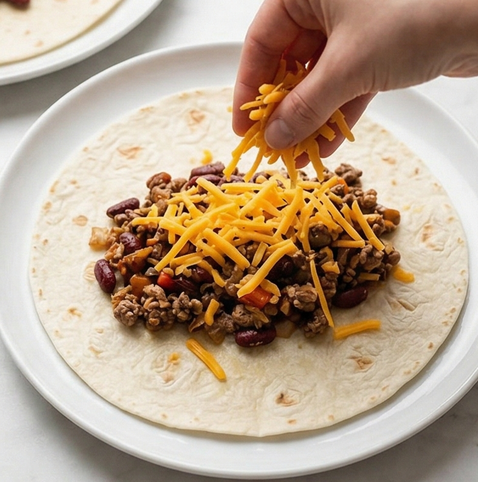 비프 부리또 조리 단계 4 이미지 - 또띠아를 전자레인지에 20초간 데운 뒤, 중앙에 속재료와 체다치즈를 고루