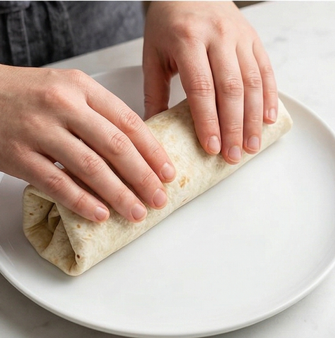 비프 부리또 조리 단계 5 이미지 - 속재료를 감싸듯 또띠아를 단단히 말아 접시에 담아냅니다.