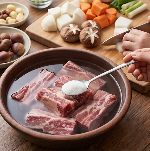 소갈비찜 | 부드럽게 만드는법 조리 단계 1 이미지 - 큰 볼에 찬물과 설탕 1큰술을 넣고 소갈비를 1시간 담가 핏물을 뺀다. 