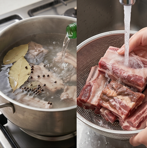 소갈비찜 | 부드럽게 만드는법 조리 단계 2 이미지 - 냄비에 소갈비, 월계수 잎, 통후추, 소주를 넣고 물을 잠길 만큼 부어 