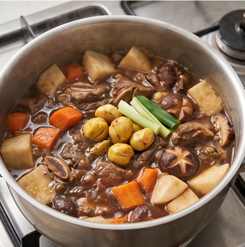 소갈비찜 | 부드럽게 만드는법 조리 단계 5 이미지 - 무, 당근, 표고버섯을 넣고 20분 더 졸인 뒤, 밤과 대파를 넣고 약불